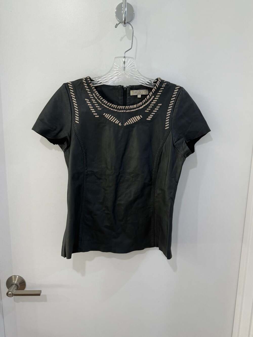 Sandro Paris 100% Sheep Leather Top with Contrast Stitch Detail